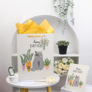 <b>Large</b> <b>Gift</b> <b>Bag</b> With Card And Tissue Paper Cat Plant Design Birthday Party Art Paper Offset Printing - Product Image 2