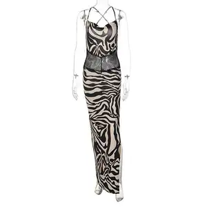 Zebra Print 3 Piece Outfit Sexy Lace Up Top Panties Matching Long Skirt Beach Holiday Style Women Swimsuit Set