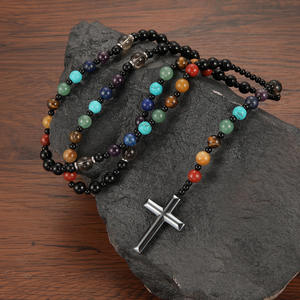 Çakra boncuk kolye doğal taş boncuklu zincir tıknaz çapraz kolye mesih şifa kristal tespih kolye meditasyon takı - Product Image 5