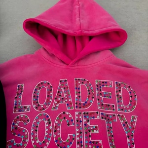 Custom Heavyweight 500 Gsm 100% Cotton <b>Black</b> Rhinestone Distressed Vintage Oversized 3D Embroidery Spring Men's <b>Fleece</b> Applique - Product Image 4