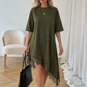 5615 #    <span class=keywords><strong>Robe</strong></span> t-shirt décontractée pour femmes, manches courtes, ourlet irrégulier, garniture en dentelle, 4 couleurs - Product Image 1