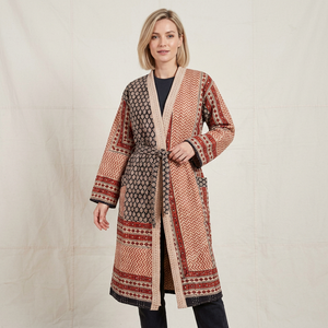 Women's Long Argyle Print 100%Cotton Coated Nonwoven Wrap <b>Jacket</b> with <b>Quilted</b> Full Sleeve Winter Style - Product Image 1