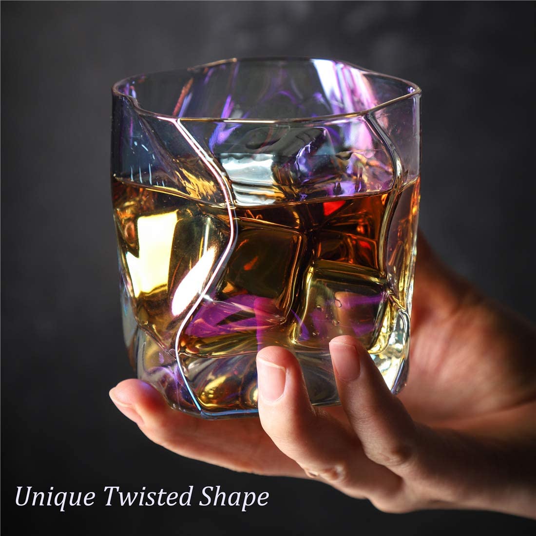 Whiskey Glasses Set of 2 with Iridescence 10 oz Colorful Cocktail Glasses Hand-blown Lead-free Bar Crystal Glass