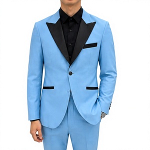 Costume de smoking bleu clair confortable en polyester pour homme, simple boutonnage, revers cranté, finition noire, tenue de cérémonie pour mariage et soirée - Product Image 1