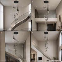 Lustre moderne minimaliste pour escalier, avec globes en verre fumé et tiges noires, idéal pour hôtel, villa, hall d'entrée, salon