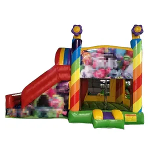 Phim Hoạt Hình Chủ Đề Inflatable Slide Bounce House Combo Giỏ Hoop Lâu Đài Bouncy Với Slide