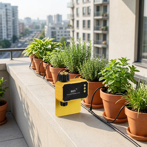 ZHITIAN LYAI-15 Minuteur d'irrigation goutte à goutte intelligent sans fil Wi-Fi pour maison connectée, alimenté par énergie solaire, en plastique et cuivre, avec écran quantitatif - Product Image 1