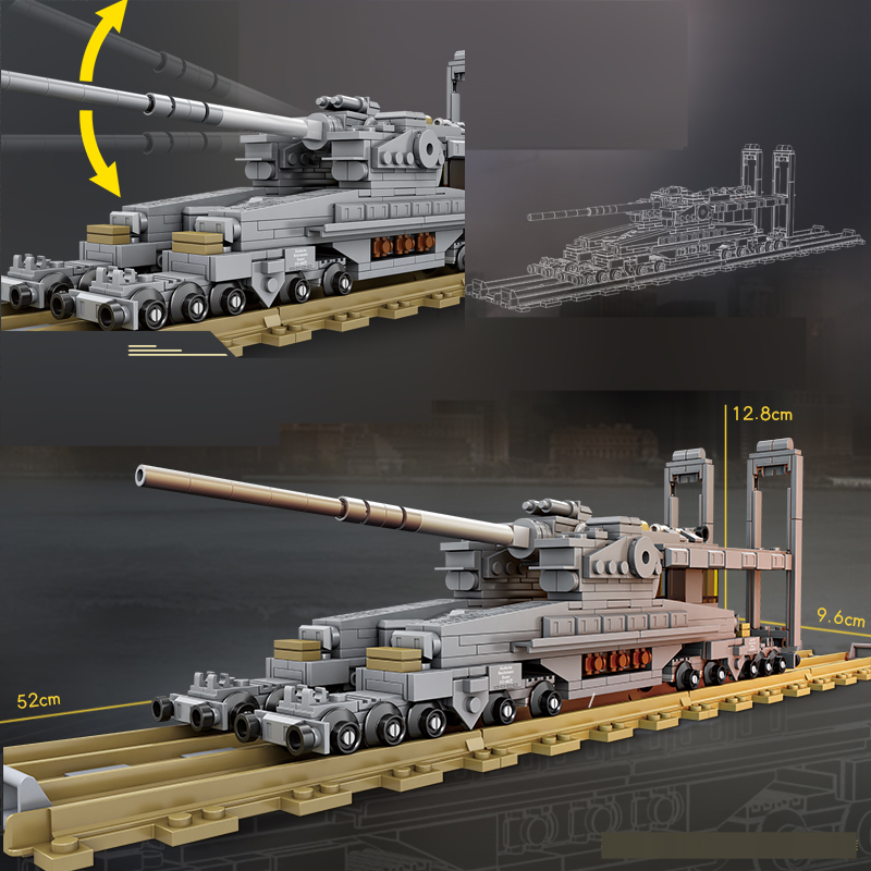 Plastic WW2 628pcs Brick German 80cm Railway Gun Dora Model