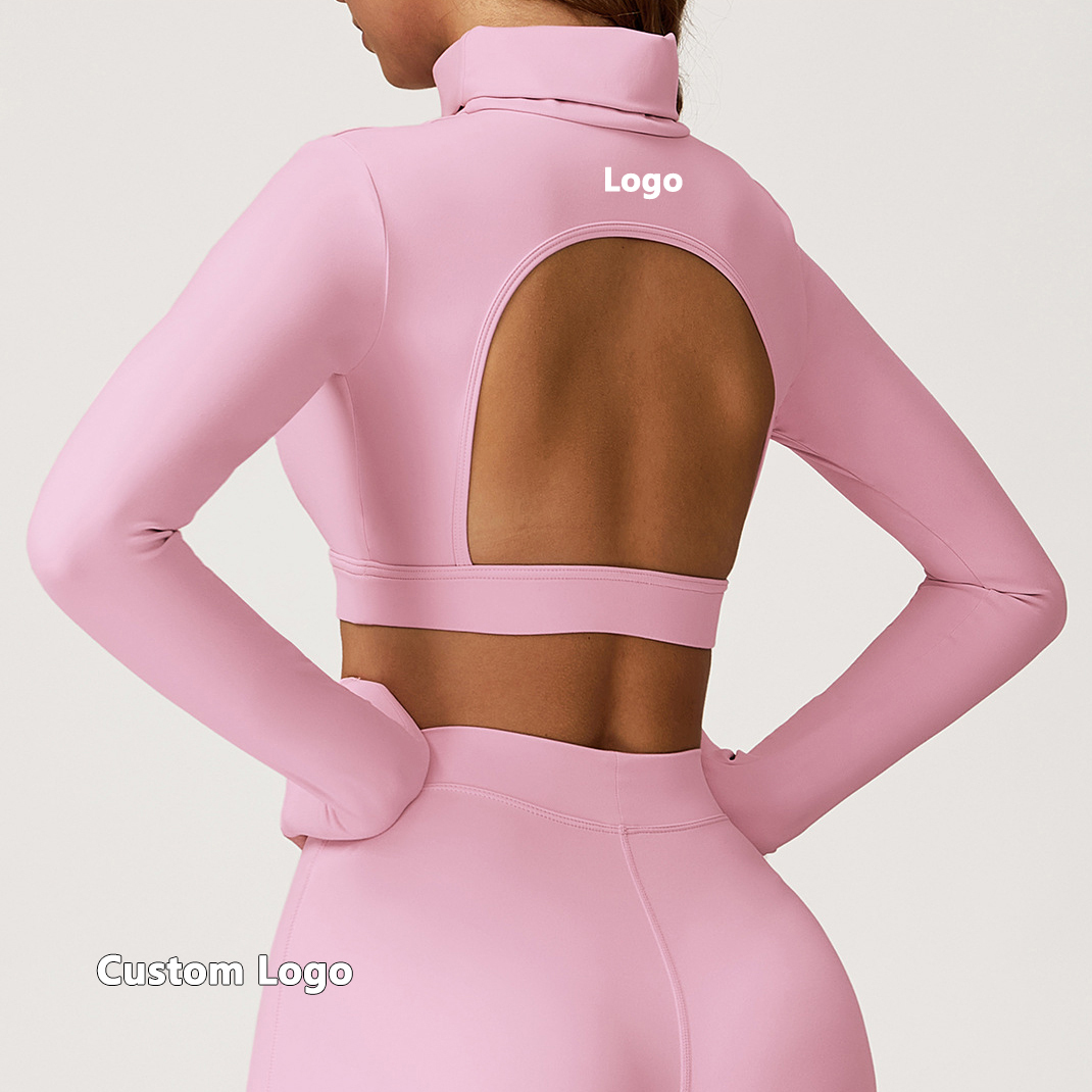 Factory Wholesale Women's Long Sleeve Crop Top High Neck Open Back Activewear for Gym Fitness Workout Yoga Athletic Sports Top