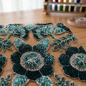 Emerald Teal Sequin Floral Hand-Embellished Beaded Polyester/Metallic Fabric Woven <b>Lace</b> Metallic Feature for Wedding/Special - Product Image 3