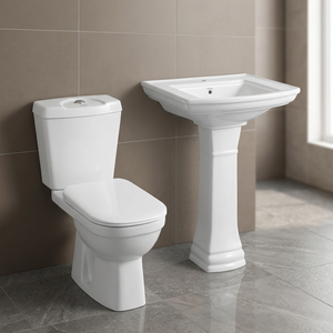 Ensemble sanitaire de salle de bain en céramique avec WC à double chasse et lavabo sur colonne - Product Image 5