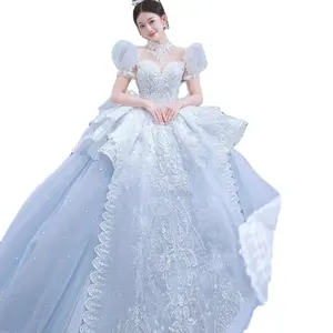 Vestido De Novia 2024新款舞会礼服短款粉扑袖蕾丝贴花婚纱奢华刺绣分层婚纱