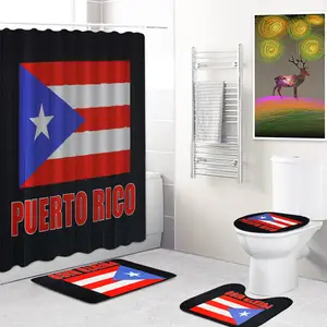 Wholesale High Quality Puerto Rico 3D Folding Sustainable Shower Curtain Sets 4pcs With Rugs Family Bathroom