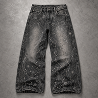 Celana Jeans Baggy Wide Leg Hitam Dicuci Model TaiDe Bespoke, Berhias Rivet dan Manik-Manik Bintang, Efek Distressed, OEM ODM, MOQ Rendah, Pabrik Pakaian