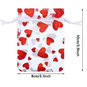 Sacs en organza rouge avec imprimé cœur, pochette cadeau 8x10cm, sac en maille à cordon pour la fête des mères, ornement de Noël - Product Image 2