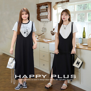 Robe décontractée noire pour femmes grandes tailles Runqi, col rond, bretelles spaghetti, couleur unie, N9258 - Product Image 3