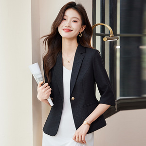 Women's 3/4 Sleeve Blazer Light Blue Solid Color Anti-Wrinkle Slim Fit Suit Jacket For Office Commuters - Product Image 2