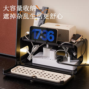 Organizador de cables rectangular de ratán color crema blanco, tipo vertical, con asa para uso en escritorio. - Product Image 2