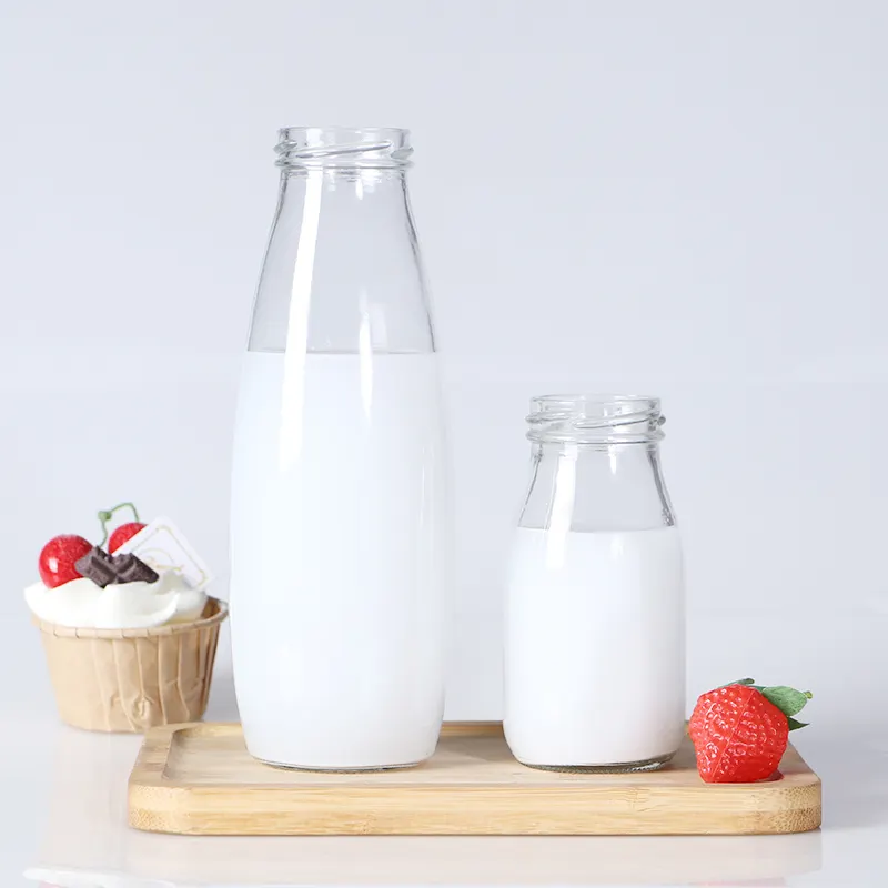 Custom recyclable food grade bottle glass for milk products vintage milk beverage bottle with cap