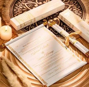 Cartes d'invitation <span class=keywords><strong>de</strong></span> mariage enroulées en papier, style royal, avec estampage à chaud doré, design unique, faible MOQ, conception <span class=keywords><strong>gratuite</strong></span>, emballage avec pompon - Product Image 2
