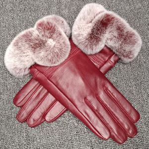 Gants d'hiver en cuir pour femmes avec fourrure de lapin Rex et peau de mouton en velours, gants thermiques, style uni décontracté - Product Image 3