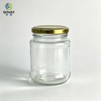 Botol Kaca Transparan Pendek dan Lebar 280ml dengan Tutup Ulir untuk Kemasan Madu, Selai, Acar, dan Makanan