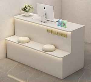 Modern White <b>Reception</b> Desk with Gold Trim and Seating for Salon or Retail Store - Product Image 2