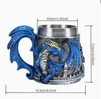 Chope à Bière Dragon 450ml Acier Inoxydable et Résine Corps en Relief Dragon Rouge 3D avec Anse Aile Dragon Rétro Cadeau