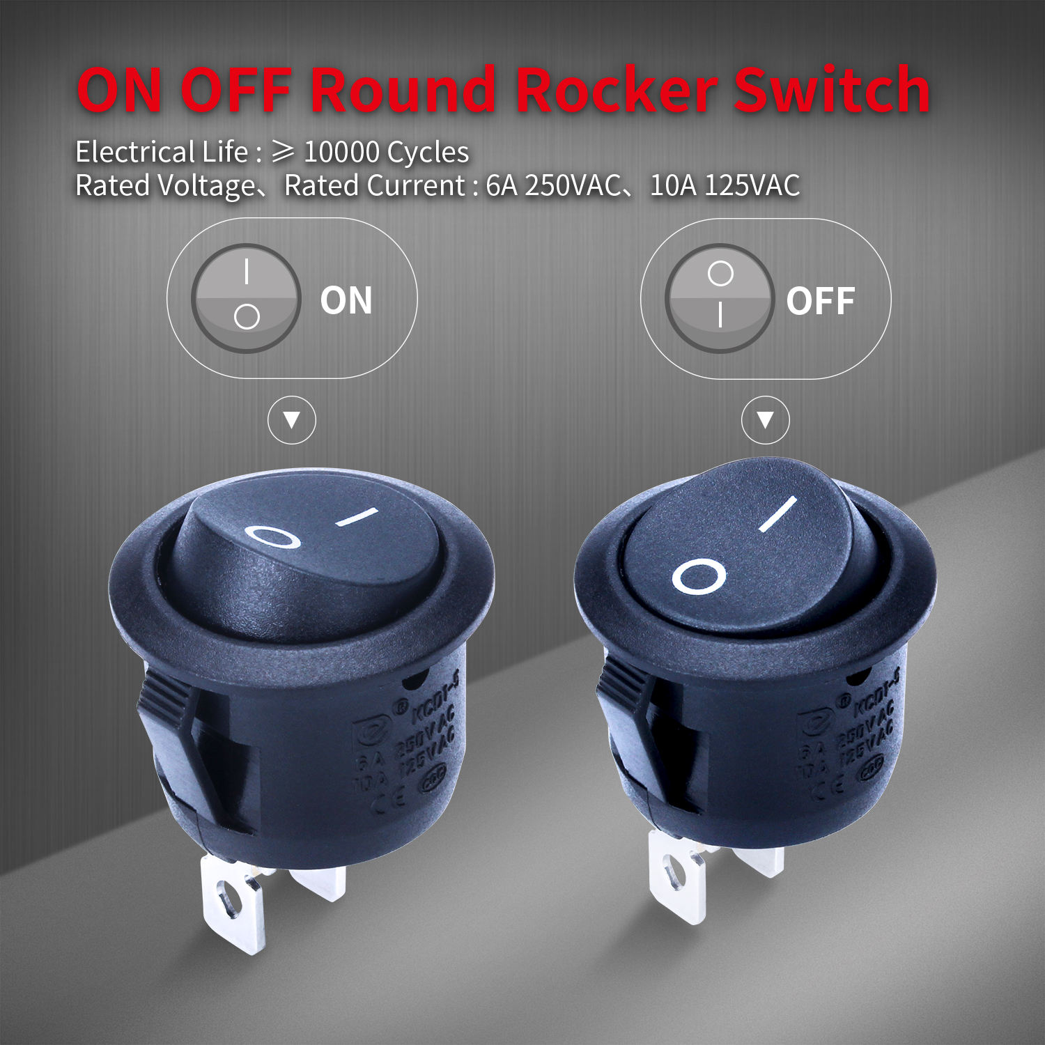 Daiertek KCD1-5-101 SPST ON-OFF 15A /20A 125V/250V 2 Way 2 Pin Black Housing Round Small Rocker Switch With O I Marked