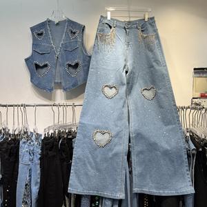 Boutique al por mayor 2025 verano nueva moda LAVADO CALIENTE diamante hueco chaleco personalizado moda Jeans conjunto de mujer - Product Image 1