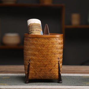 Caja de Té de Bambú Tejida, Redonda, con Cuatro Patas, Hecha a Mano, Organizador de Oficina, Contenedor de Almacenamiento, Portaplumas de Escritorio - Product Image 4