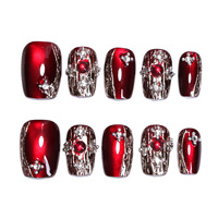 Faux ongles vintage de luxe léger, effet œil de chat, différentes tailles, rouge, portables, avec diamants scintillants