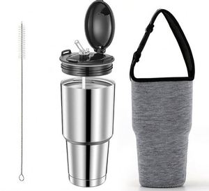 Gobelet isotherme en acier inoxydable de 30 oz avec couvercle à paille rabattable, tasse de voyage à double paroi sous vide, tasse de voiture anti-fuite - Product Image 1