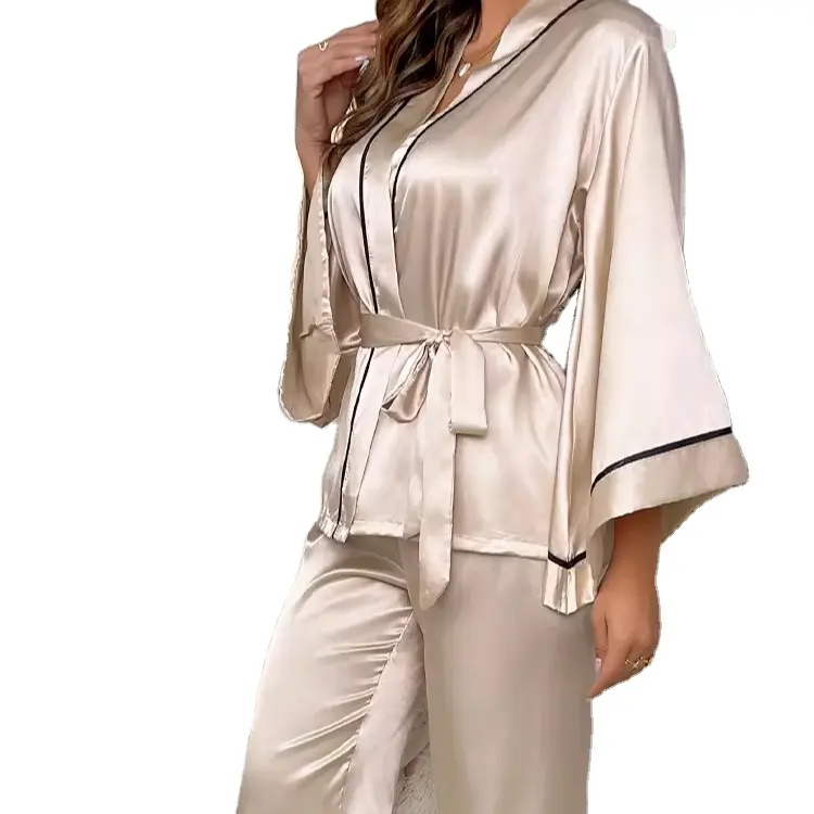 Manufacturers Wholesale Ice Satin Silk Long Sleeve Thin Pajamas Two Pieces Robes Set Home Suit Loungewear For Women