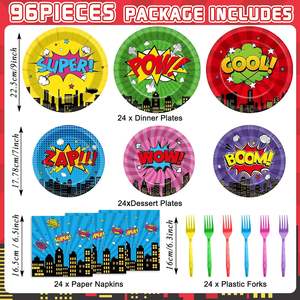 Assiettes, serviettes et fourchettes de fête super-héros multicolores en papier, décorations d'anniversaire héros de bande dessinée, vaisselle à thème <span class=keywords><strong>action</strong></span> - Product Image 3