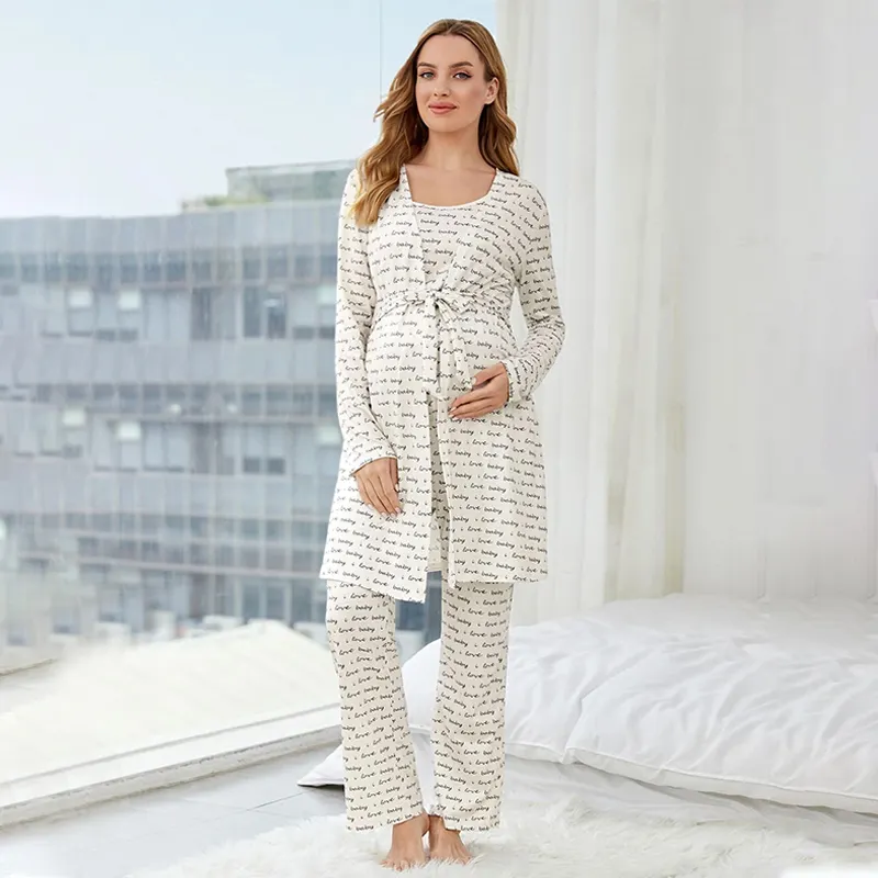 3pcs Allover Pregnancy Breastfeeding Nursing Clothes Slogan Graphic Knot Front Drawstring Waist Maternity Pijamas