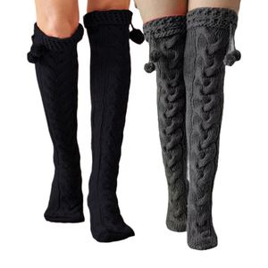 Calcetines Largos de Mujer, Medias de Punto de Lana con Bola de Pelo, por Encima de la Rodilla - Product Image 5