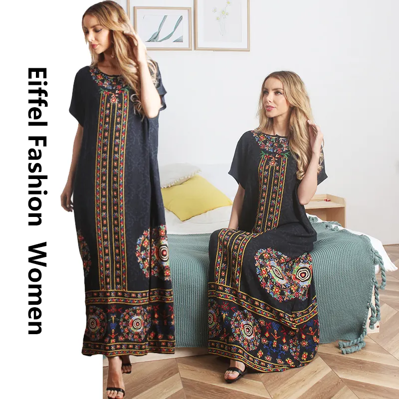 Gorgeous lady's moroccan kaftan 4 sizes long black printing muslim dress abaya short sleeves women clothes dress casual