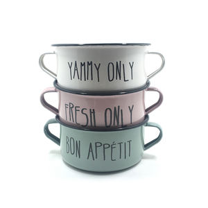 Мини-посуда с индивидуальным логотипом, белый пищевой продукт ЕС, кухонный ужин, кошачий собачий корм для домашних животных, суповая миска с эмалевым покрытием с двумя ручками - Product Image 3