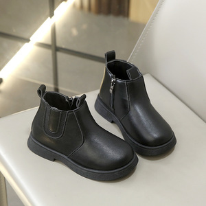 Bottes courtes pour enfants style britannique en cuir pour filles, tendance mode, bottes simples pour enfants, noir/blanc uni, printemps automne 2025 - Product Image 4