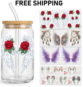 Free Shipping 16oz Libbey Glass Can Cup <b>Wrap</b> UV DTF Transfer, <b>White</b> Angel Wings Custom DIY Waterproof Cup Stickers - Product Image 1