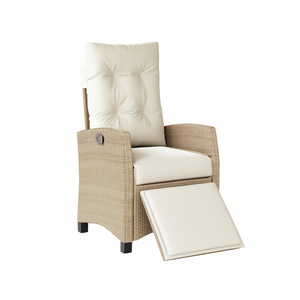 Silla Reclinable de Patio de Ratán Sintético con Reposapiés, Beige, Silla de Jardín para Exteriores, Diseño Contemporáneo, Asiento Tapizado - Product Image 1