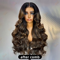 Perruques Ombrées Marron avec Mèches pour Femmes Noires, Perruques Indiennes Vierges Naturelles sans Colle avec Dentelle Transparente HD