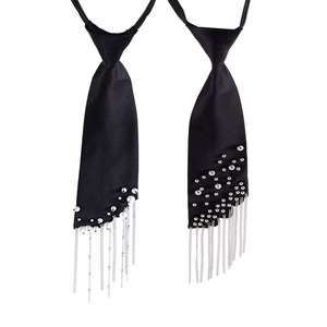 Corbata de satén negra con borlas, diamantes de imitación y flecos de perlas, sin nudos, para hombre y mujer, accesorio de moda. - Product Image 5