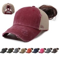 Gorra de béisbol de algodón lavado con logo personalizado para mujer, estilo cola de caballo o moño despeinado, tipo trucker con malla trasera transpirable, venta al por mayor OEM