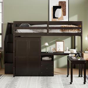 Cama alta tamaño completo con escaleras, estantería, cajones, escritorio, armario, muebles multifuncionales que ahorran espacio para niños y adolescentes - Product Image 2