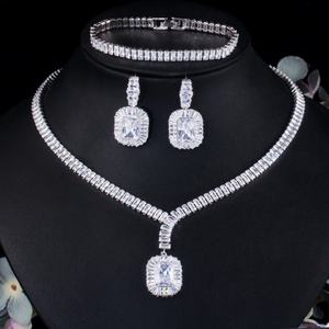 Women Crystal Necklace <b>Set</b> With <b>Bracelet</b> and Earrings Silver Tone Cubic Zirconia Statement Bridal Jewelry Elegant for Women - Product Image 1
