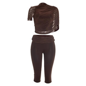 Viviblook J26ST024 Ensemble deux pièces pour femme : Gilet d'été en maille à manches irrégulières et plissées, et pantalon court taille haute - Product Image 6