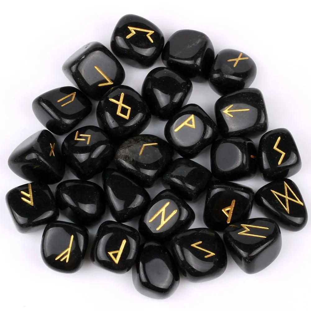 Natürliche Schwarze Obsidian Stein Gravierten Trommelstein Rune Set