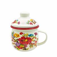 Tasse à thé Senny 8 cm en émail avec couvercle, motif floral, bord rouge ivoire bombé, style vintage, vente en gros d'usine pour la cuisine
